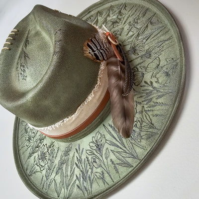 Wildflower |M| Moss Green Suede Burned Wide Stiff Brim/ Pencil Brim Hat