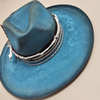 Under Brim Surprise |M| Teal Blue Suede Burned Wide Stiff Brim/ Pencil Brim Hat