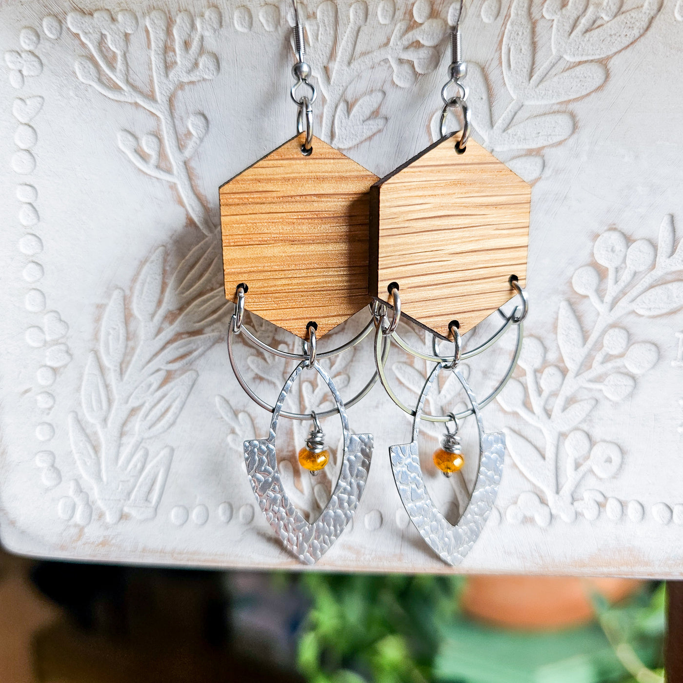Layered Metal + Wood + Czech Bead || Earrings