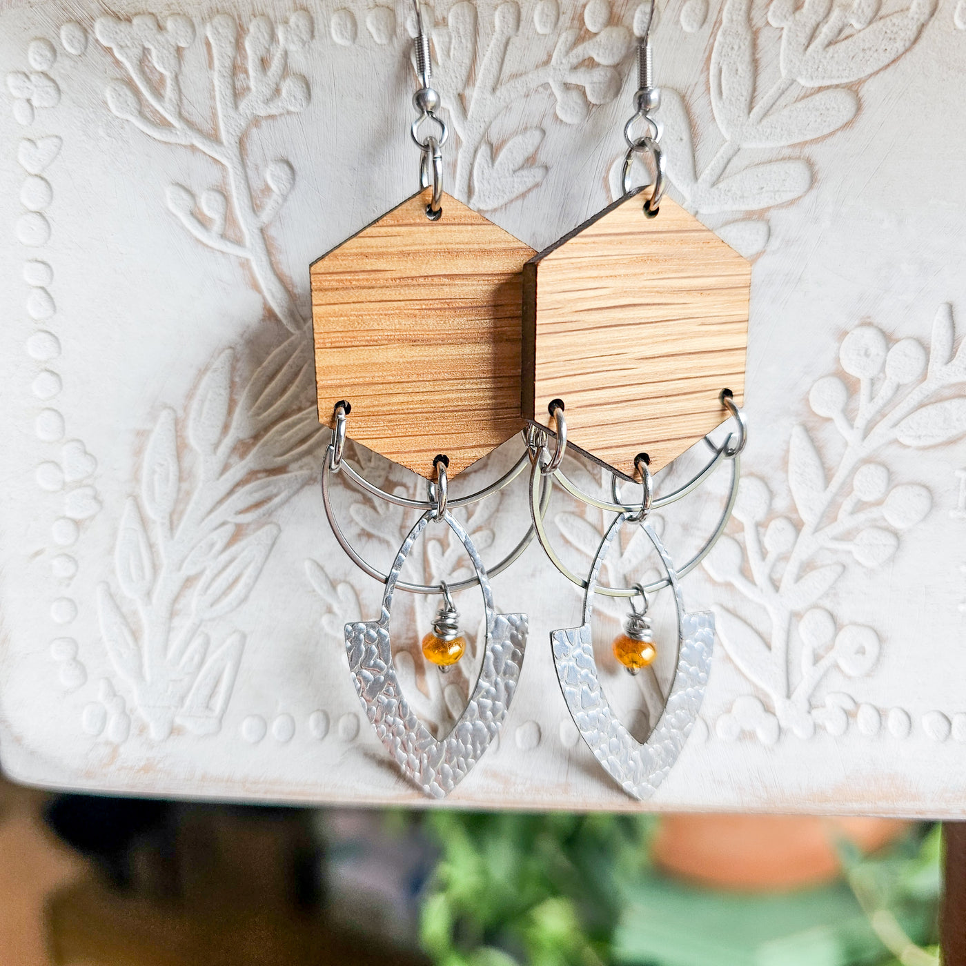 Layered Metal + Wood + Czech Bead || Earrings