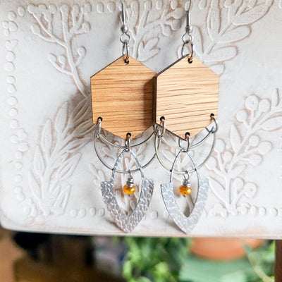 Layered Metal + Wood + Czech Bead || Earrings