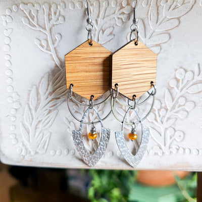 Layered Metal + Wood + Czech Bead || Earrings