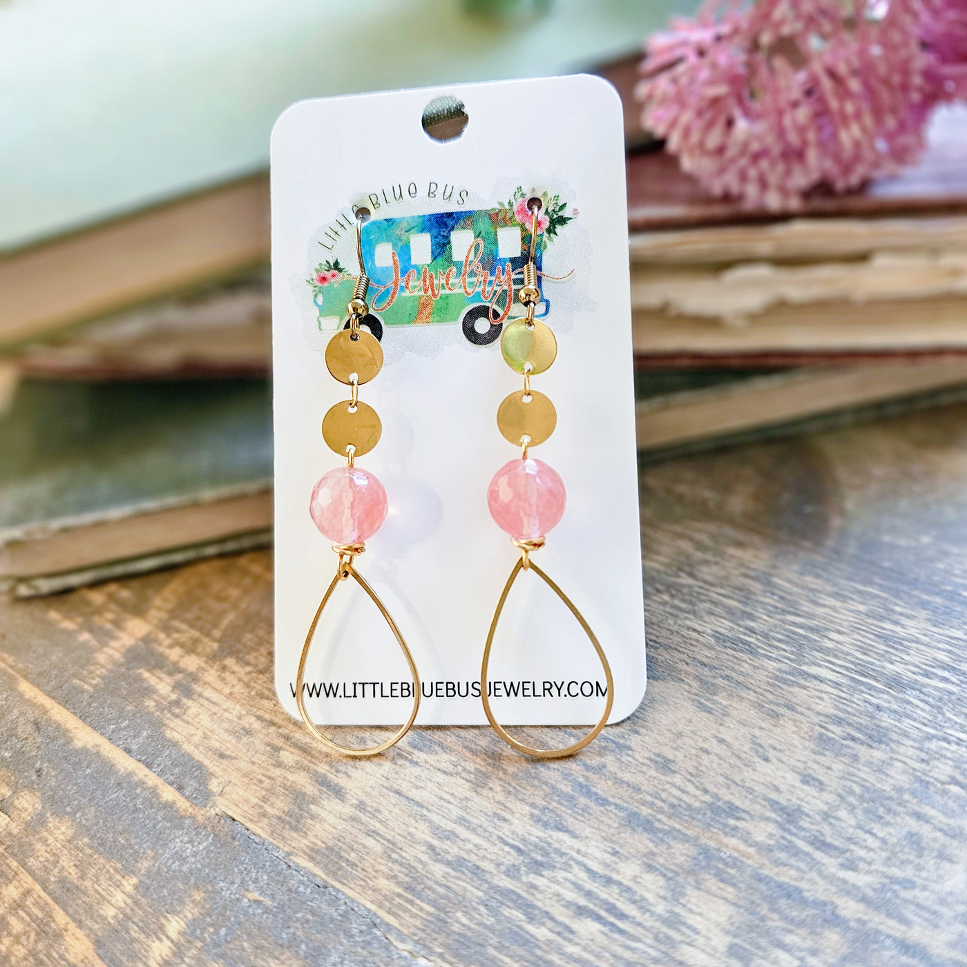 Pink Glass + Gold Teardrop || Earrings