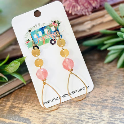 Pink Glass + Gold Teardrop || Earrings