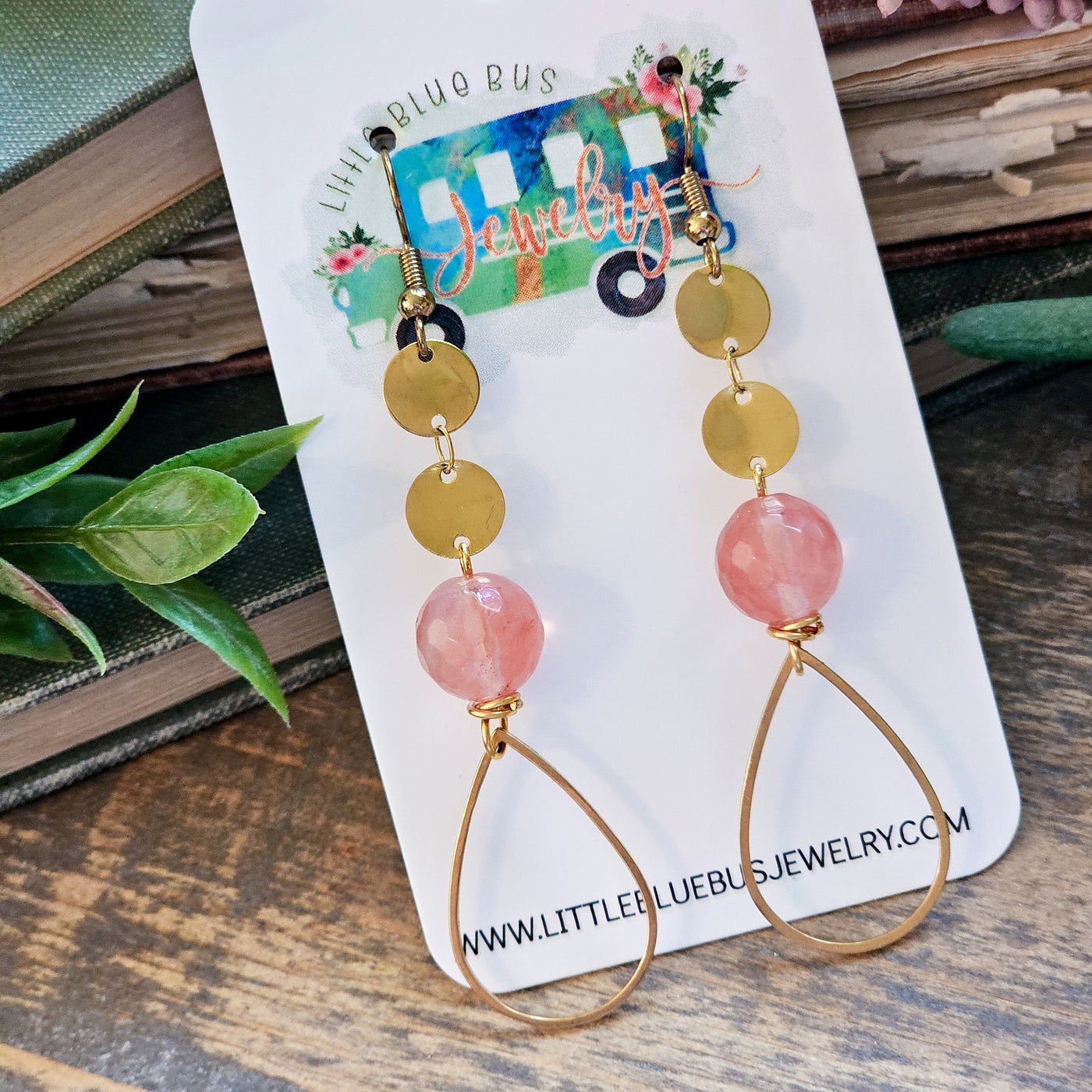 Pink Glass + Gold Teardrop || Earrings