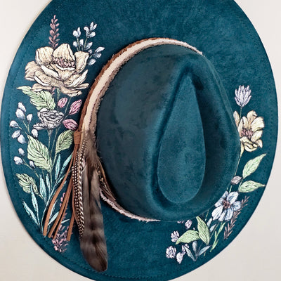 She's all Mine || Deep Teal Burned & Painted Wide Brim Hat