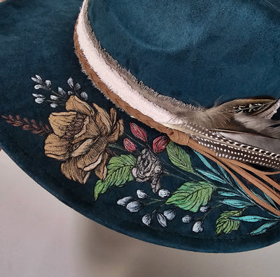 She's all Mine || Deep Teal Burned & Painted Wide Brim Hat