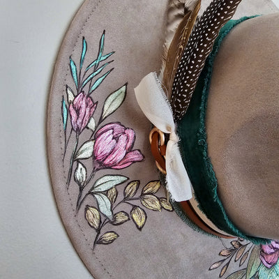 She's Beauty & Grace|| Taupe Burned & Painted Wide Brim Hat