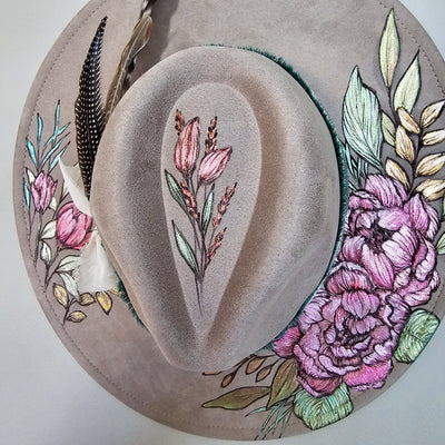 She's Beauty & Grace|| Taupe Burned & Painted Wide Brim Hat