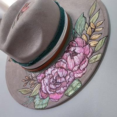 She's Beauty & Grace|| Taupe Burned & Painted Wide Brim Hat