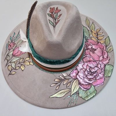 She's Beauty & Grace|| Taupe Burned & Painted Wide Brim Hat