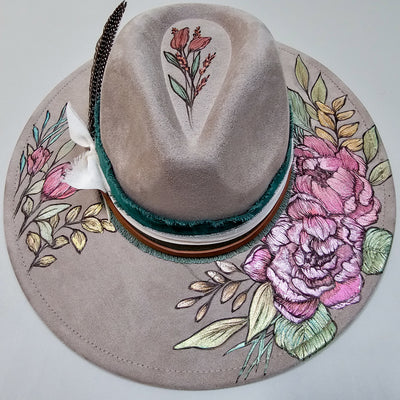 She's Beauty & Grace|| Taupe Burned & Painted Wide Brim Hat