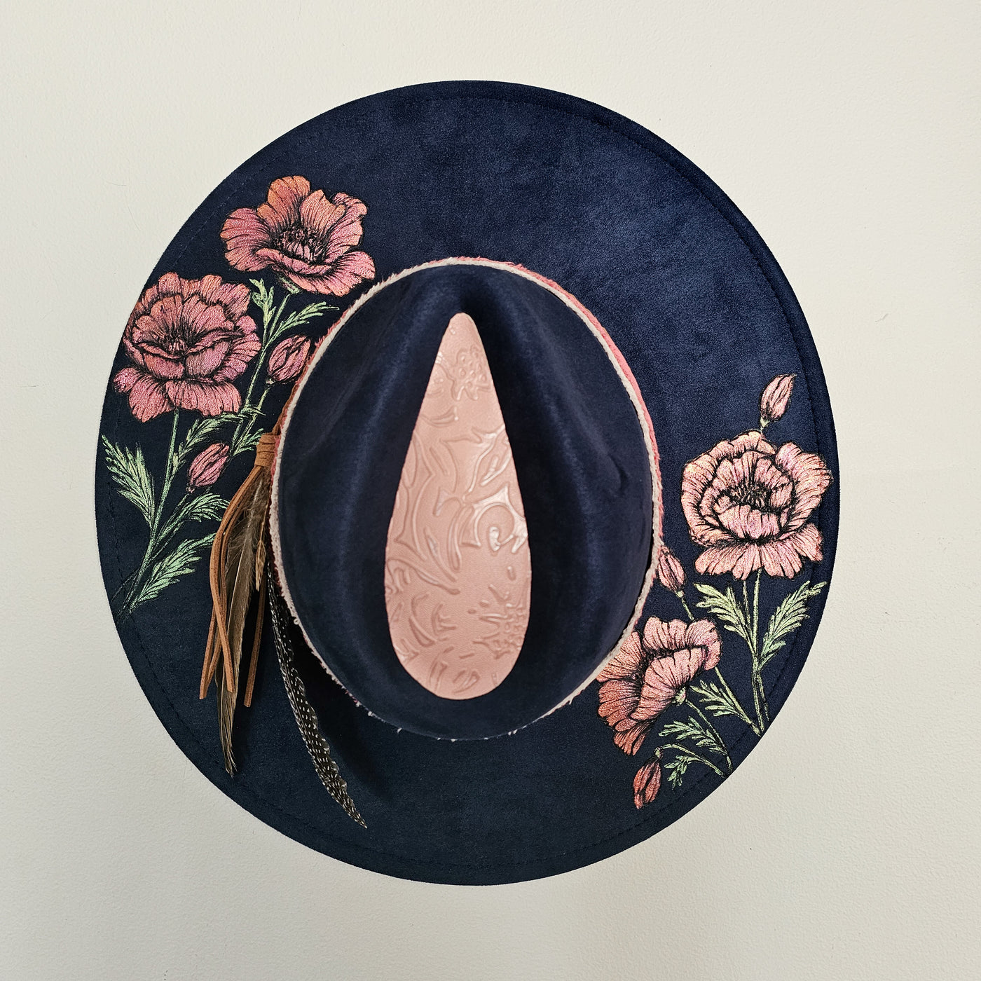 Planting Poppies || Dark Navy Burned & Painted Wide Brim Hat