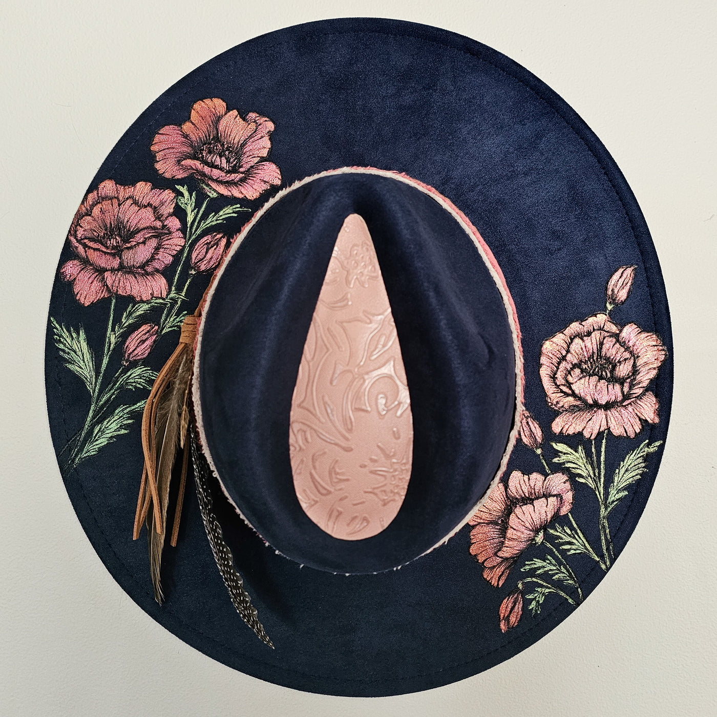 Planting Poppies || Dark Navy Burned & Painted Wide Brim Hat