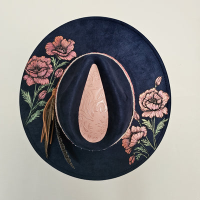 Planting Poppies || Dark Navy Burned & Painted Wide Brim Hat
