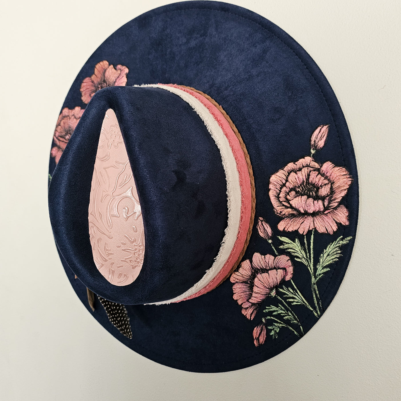 Planting Poppies || Dark Navy Burned & Painted Wide Brim Hat