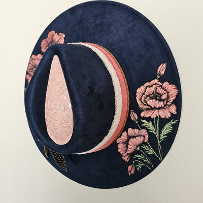 Planting Poppies || Dark Navy Burned & Painted Wide Brim Hat
