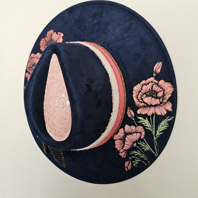 Planting Poppies || Dark Navy Burned & Painted Wide Brim Hat