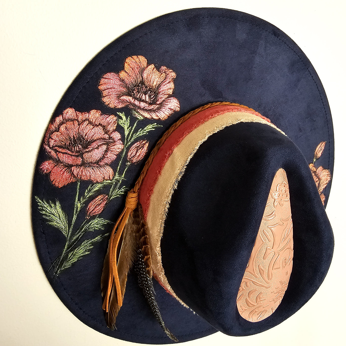 Planting Poppies || Dark Navy Burned & Painted Wide Brim Hat