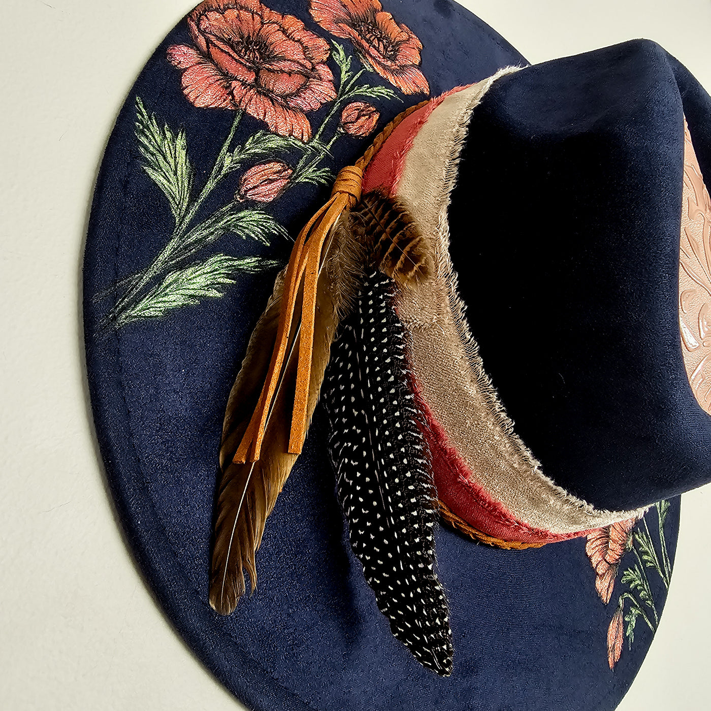 Planting Poppies || Dark Navy Burned & Painted Wide Brim Hat