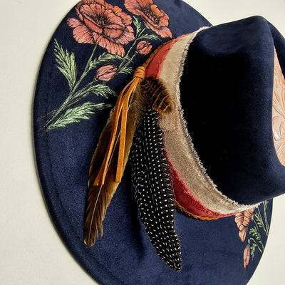 Planting Poppies || Dark Navy Burned & Painted Wide Brim Hat