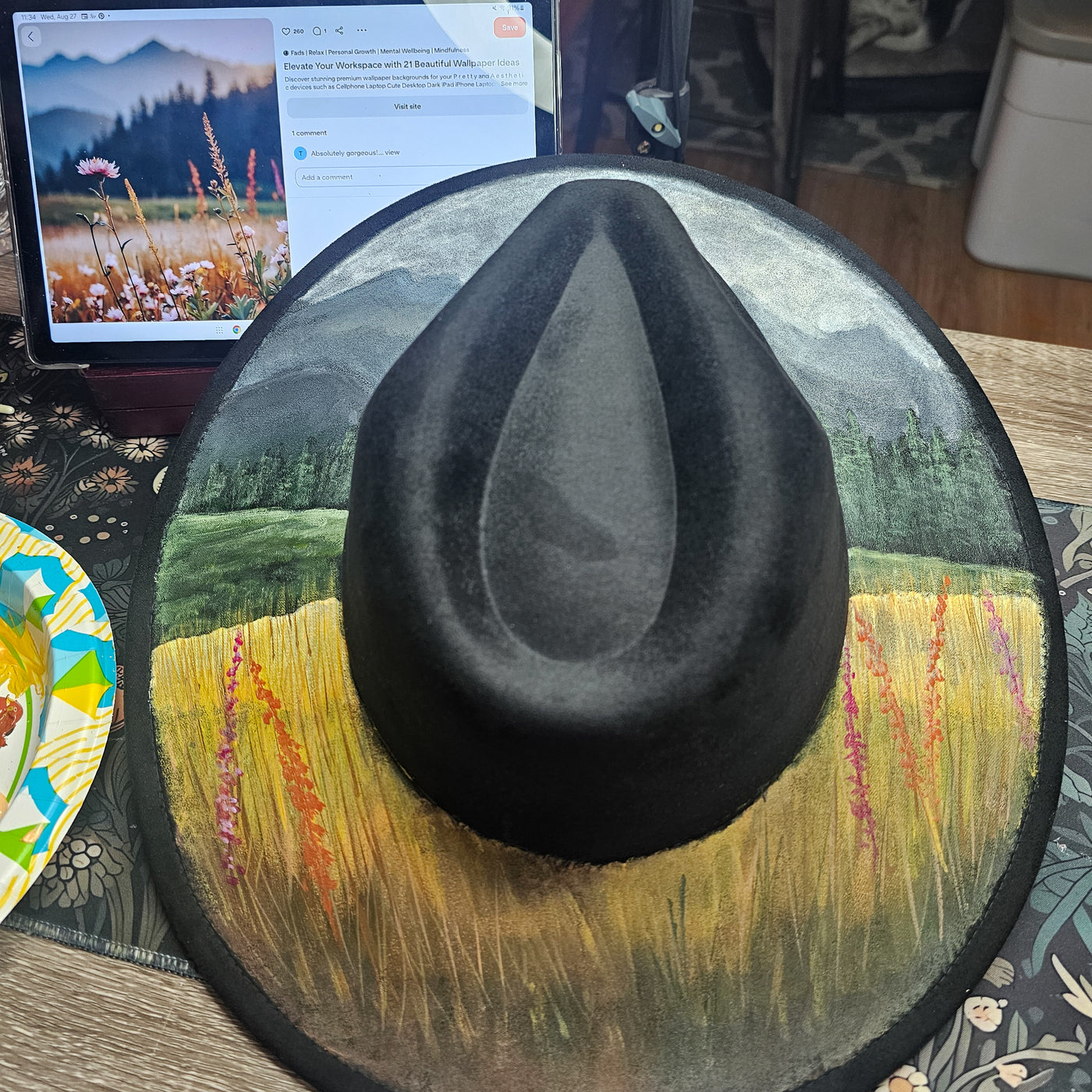 Mountain Views || Black Suede Hand Painted Wide Brim Hat
