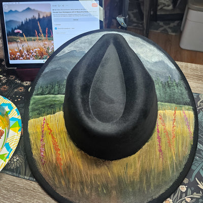 Mountain Views || Black Suede Hand Painted Wide Brim Hat