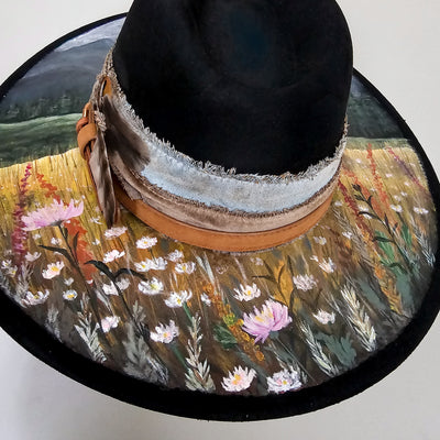 Mountain Views || Black Suede Hand Painted Wide Brim Hat