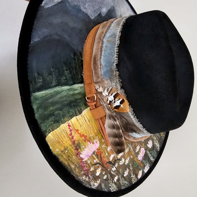 Mountain Views || Black Suede Hand Painted Wide Brim Hat