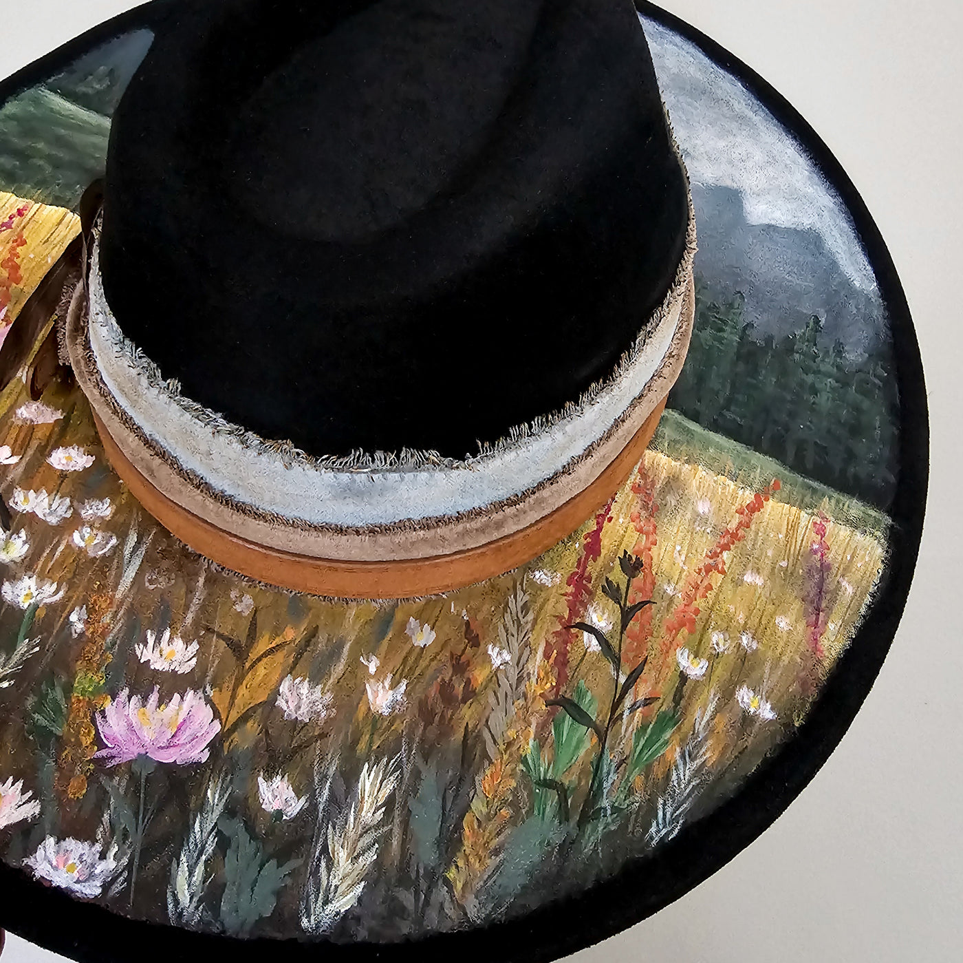 Mountain Views || Black Suede Hand Painted Wide Brim Hat