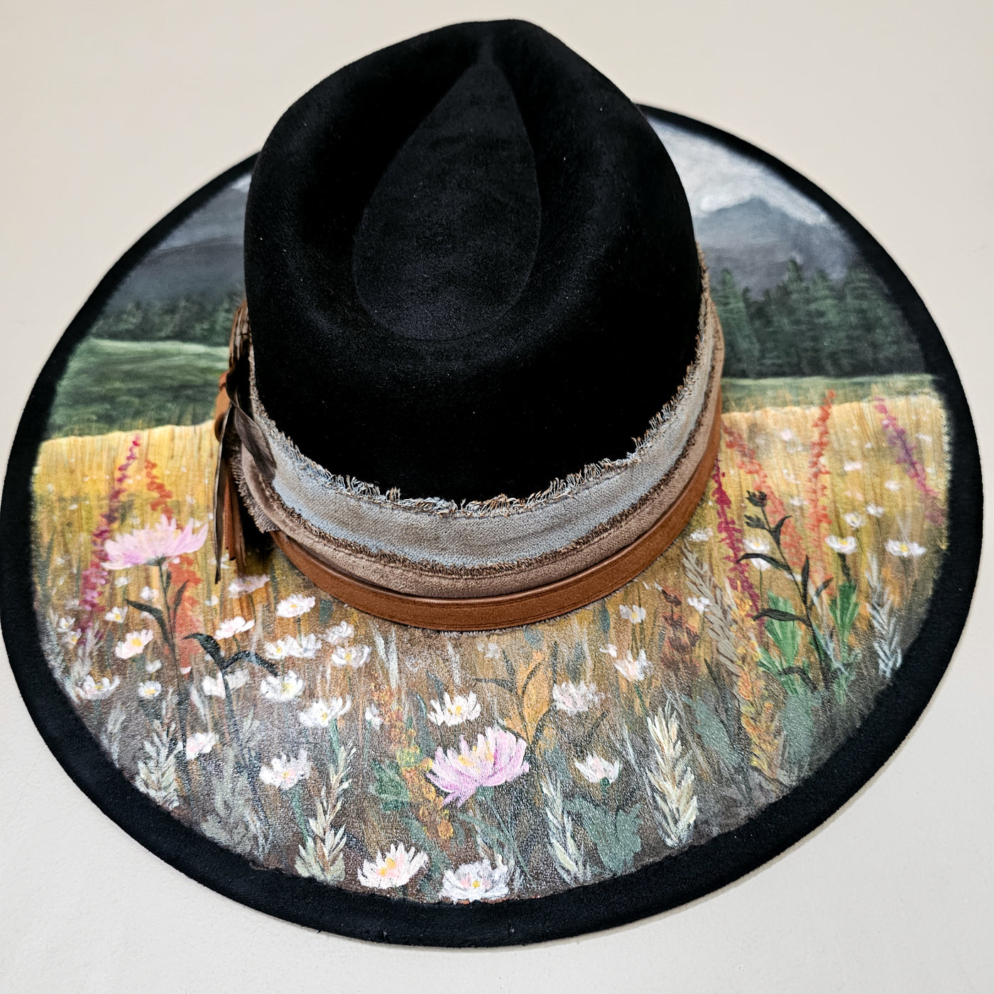 Mountain Views || Black Suede Hand Painted Wide Brim Hat