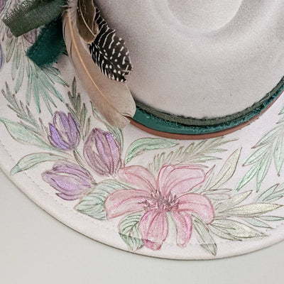 Sparkling Beauty || Ivory Suede Burned & Painted Wide Brim Hat