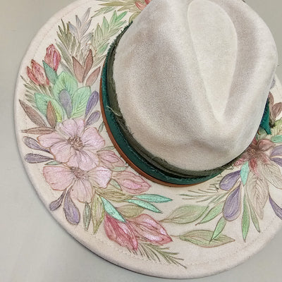 Sparkling Beauty || Ivory Suede Burned & Painted Wide Brim Hat