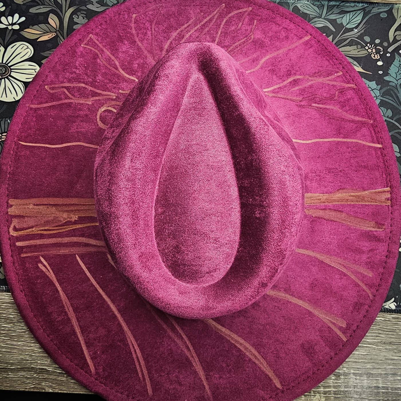 Wheat Fields Sunset || Dark Heather Mauve Suede Hand Painted Wide Brim Hat