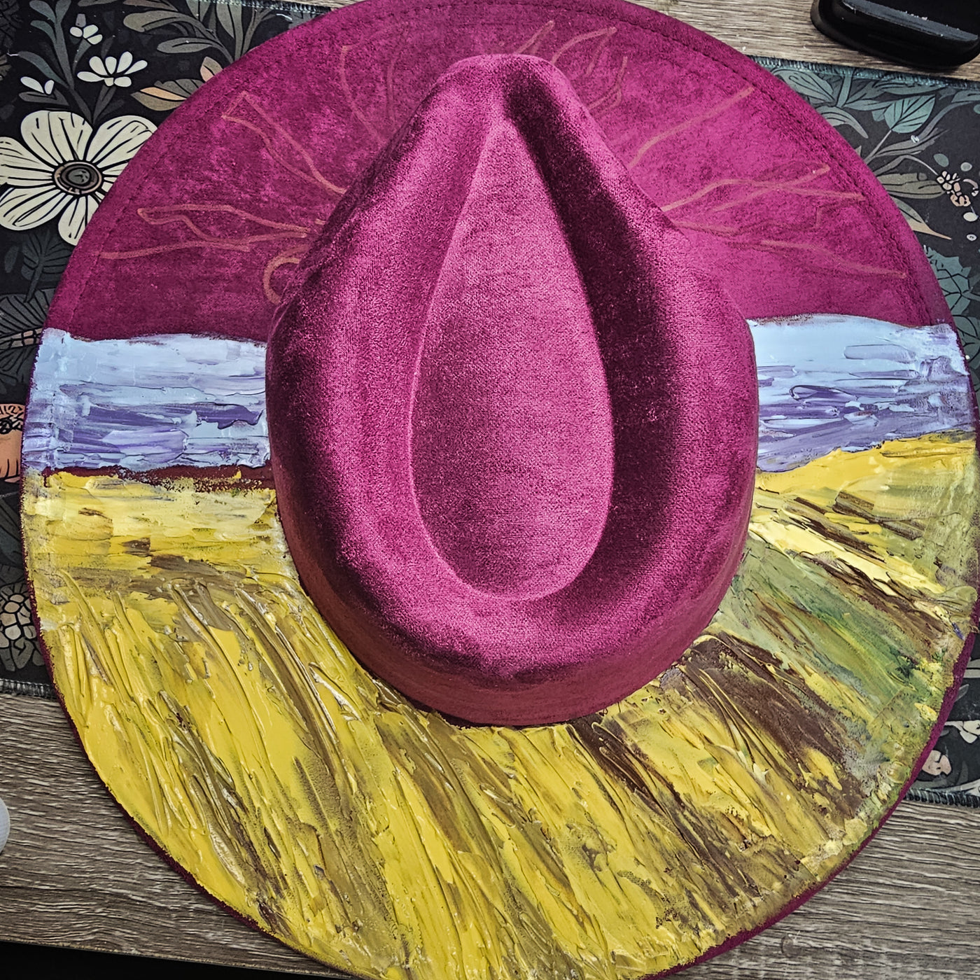 Wheat Fields Sunset || Dark Heather Mauve Suede Hand Painted Wide Brim Hat