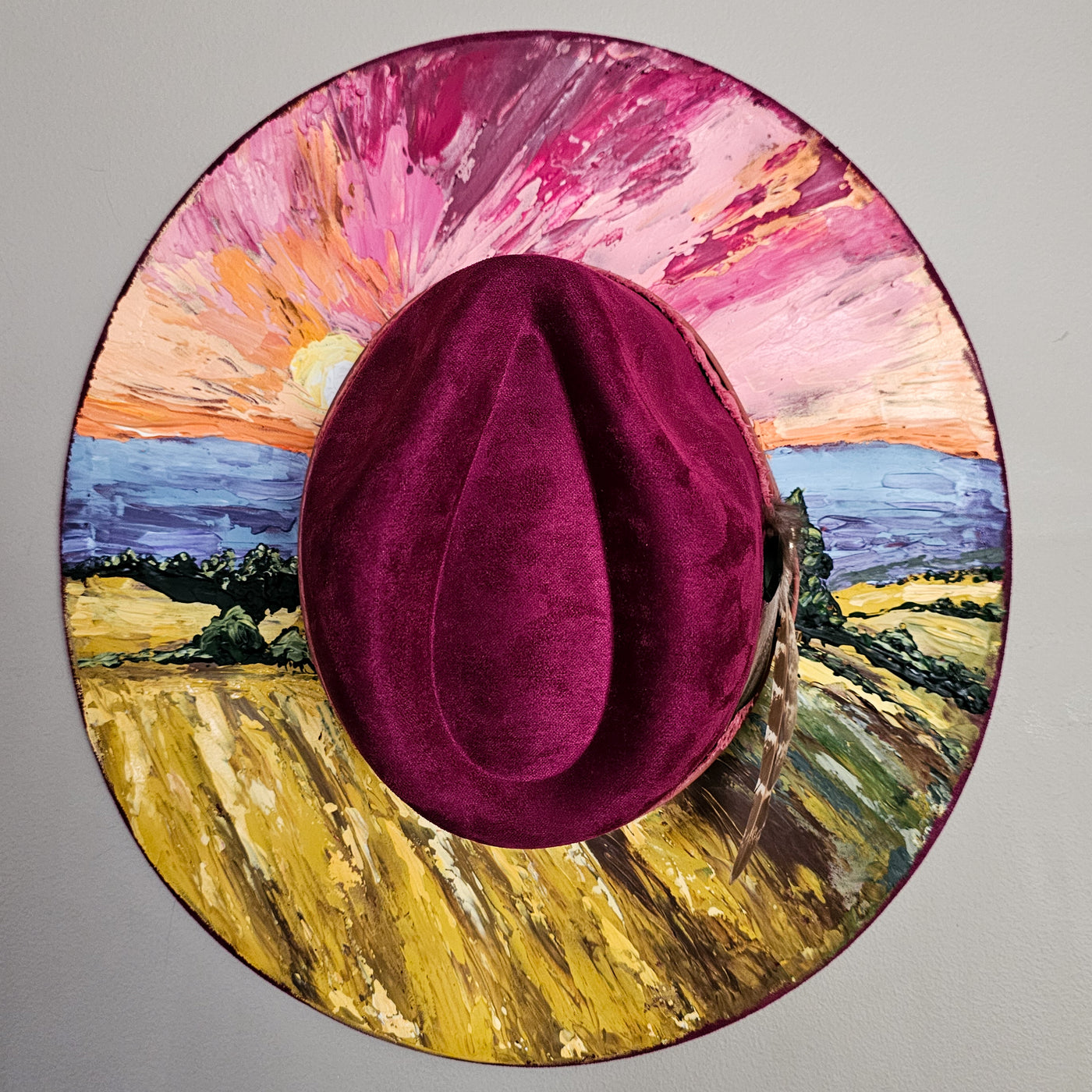 Wheat Fields Sunset || Dark Heather Mauve Suede Hand Painted Wide Brim Hat