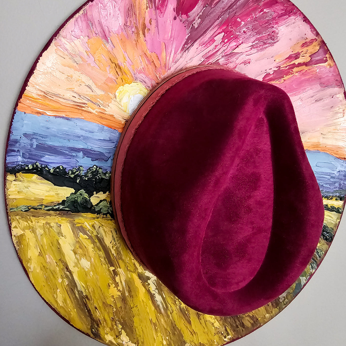 Wheat Fields Sunset || Dark Heather Mauve Suede Hand Painted Wide Brim Hat