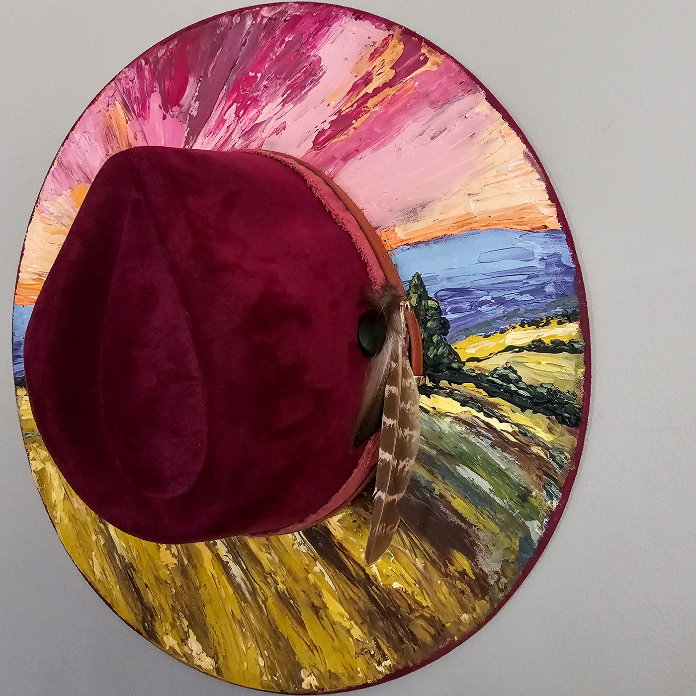 Wheat Fields Sunset || Dark Heather Mauve Suede Hand Painted Wide Brim Hat