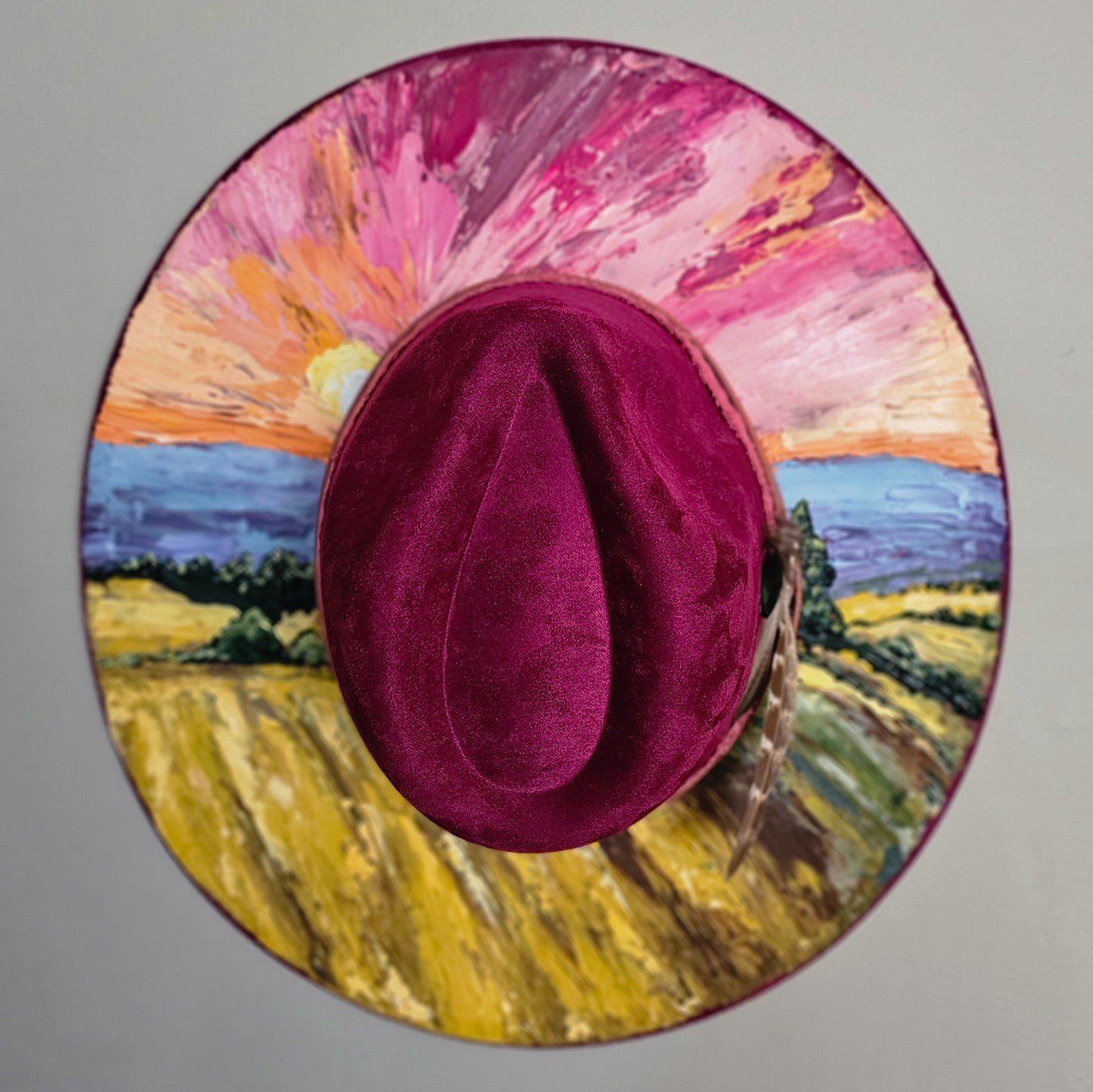 Wheat Fields Sunset || Dark Heather Mauve Suede Hand Painted Wide Brim Hat