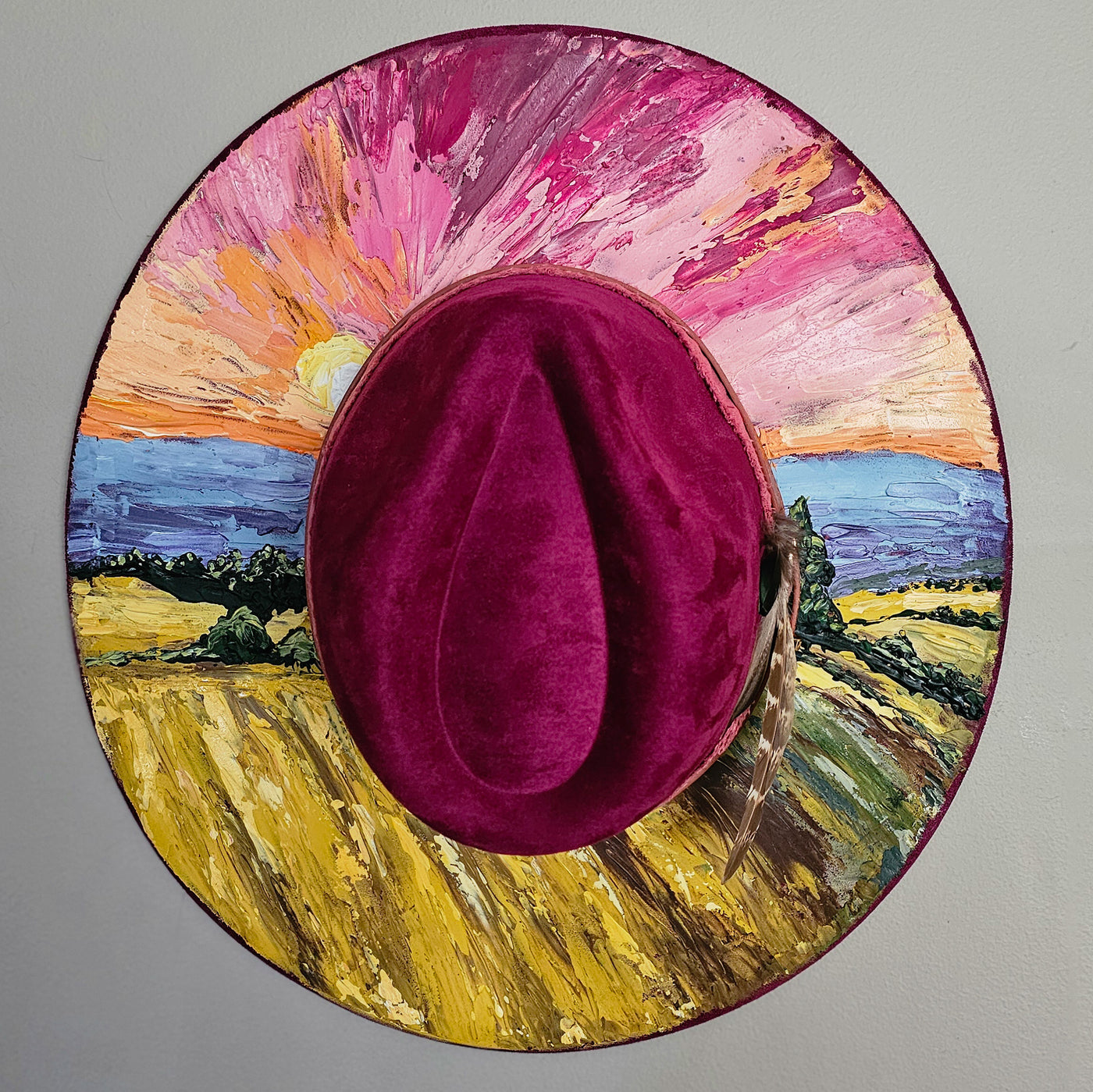 Wheat Fields Sunset || Dark Heather Mauve Suede Hand Painted Wide Brim Hat