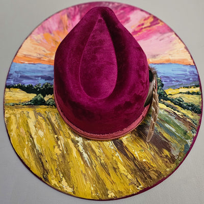 Wheat Fields Sunset || Dark Heather Mauve Suede Hand Painted Wide Brim Hat
