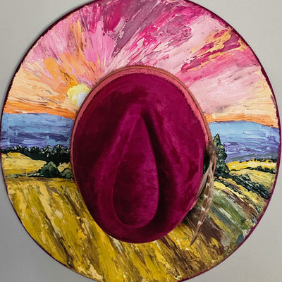 Wheat Fields Sunset || Dark Heather Mauve Suede Hand Painted Wide Brim Hat
