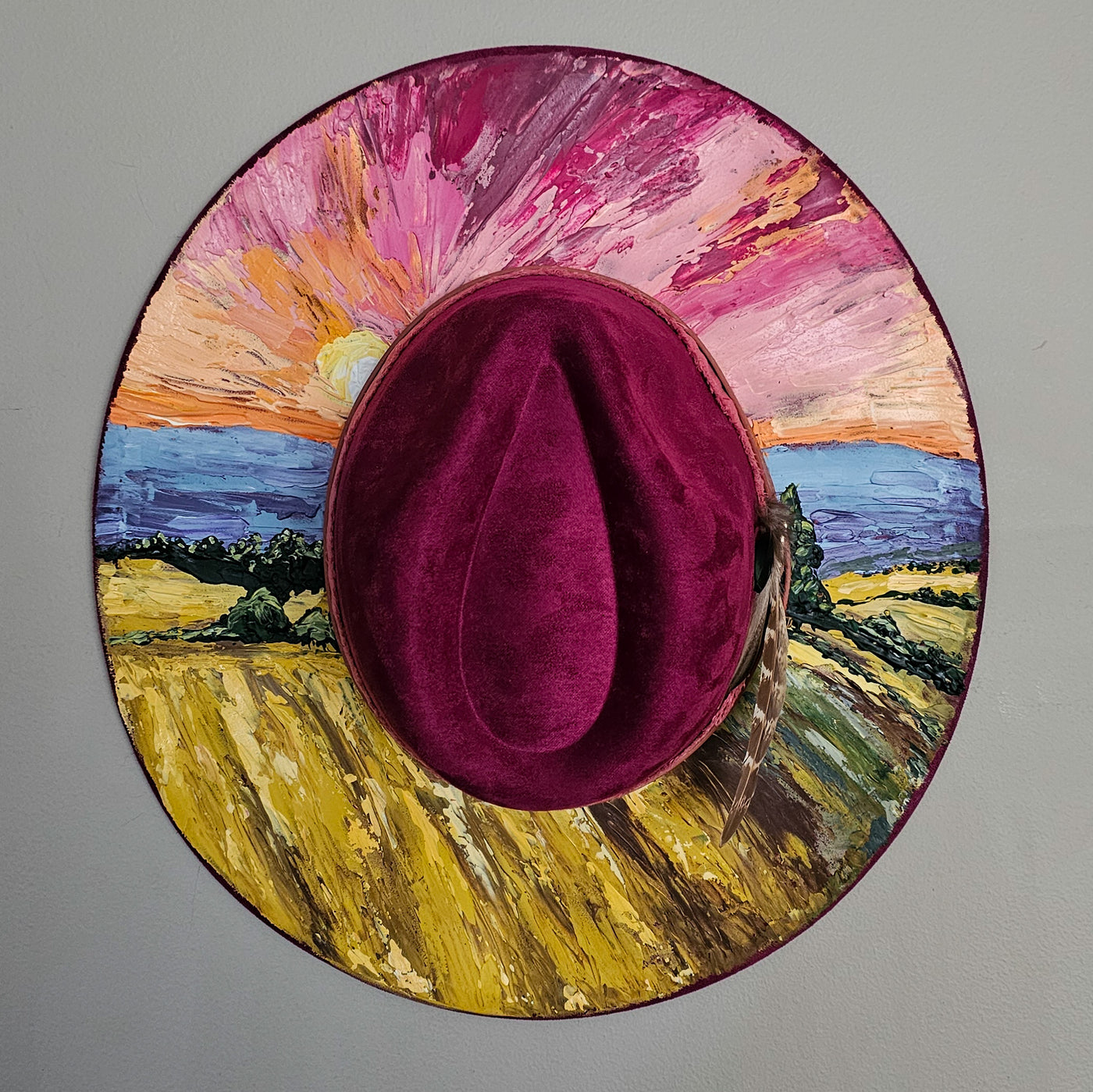 Wheat Fields Sunset || Dark Heather Mauve Suede Hand Painted Wide Brim Hat