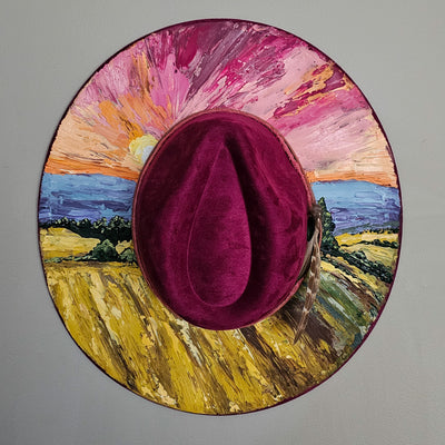 Wheat Fields Sunset || Dark Heather Mauve Suede Hand Painted Wide Brim Hat