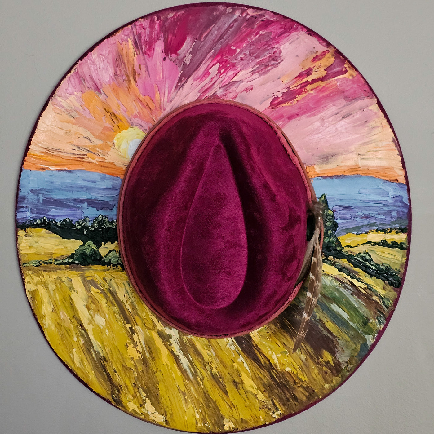 Wheat Fields Sunset || Dark Heather Mauve Suede Hand Painted Wide Brim Hat