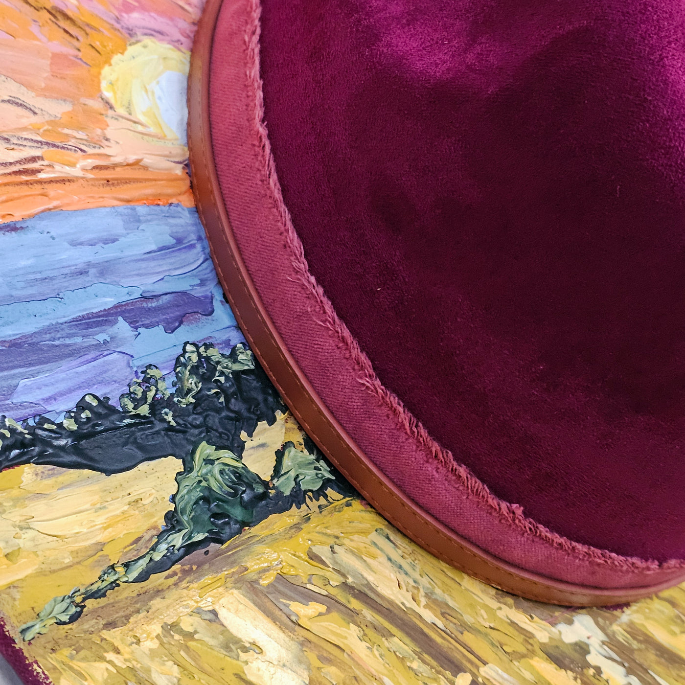 Wheat Fields Sunset || Dark Heather Mauve Suede Hand Painted Wide Brim Hat