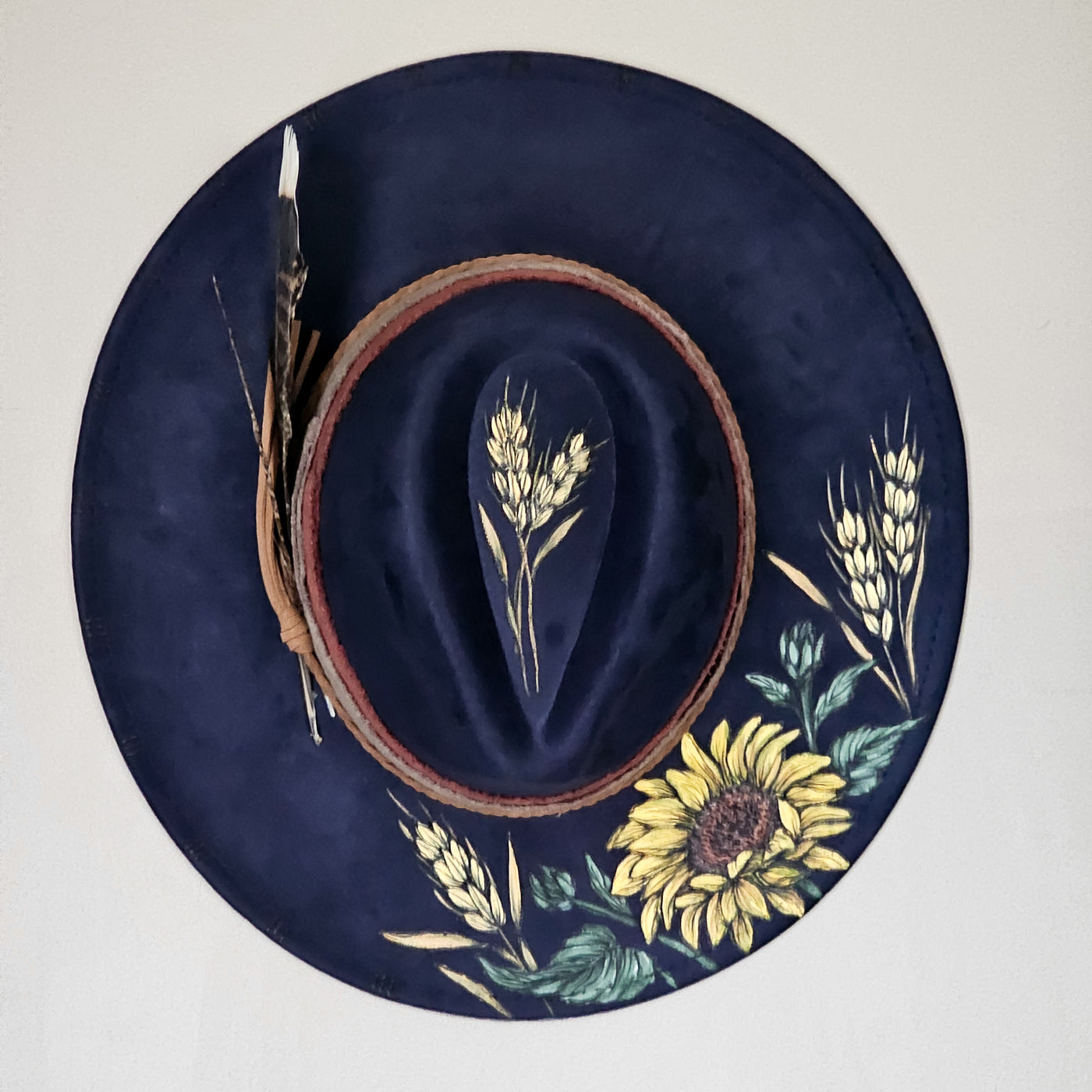 Evening Sunflower || Dark Navy Burned & Painted Wide Brim Hat
