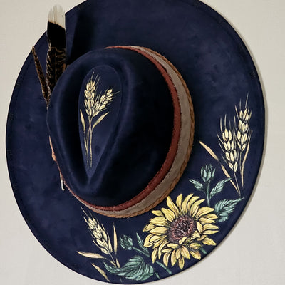Evening Sunflower || Dark Navy Burned & Painted Wide Brim Hat
