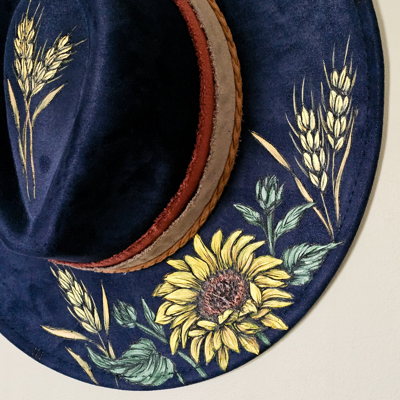 Evening Sunflower || Dark Navy Burned & Painted Wide Brim Hat