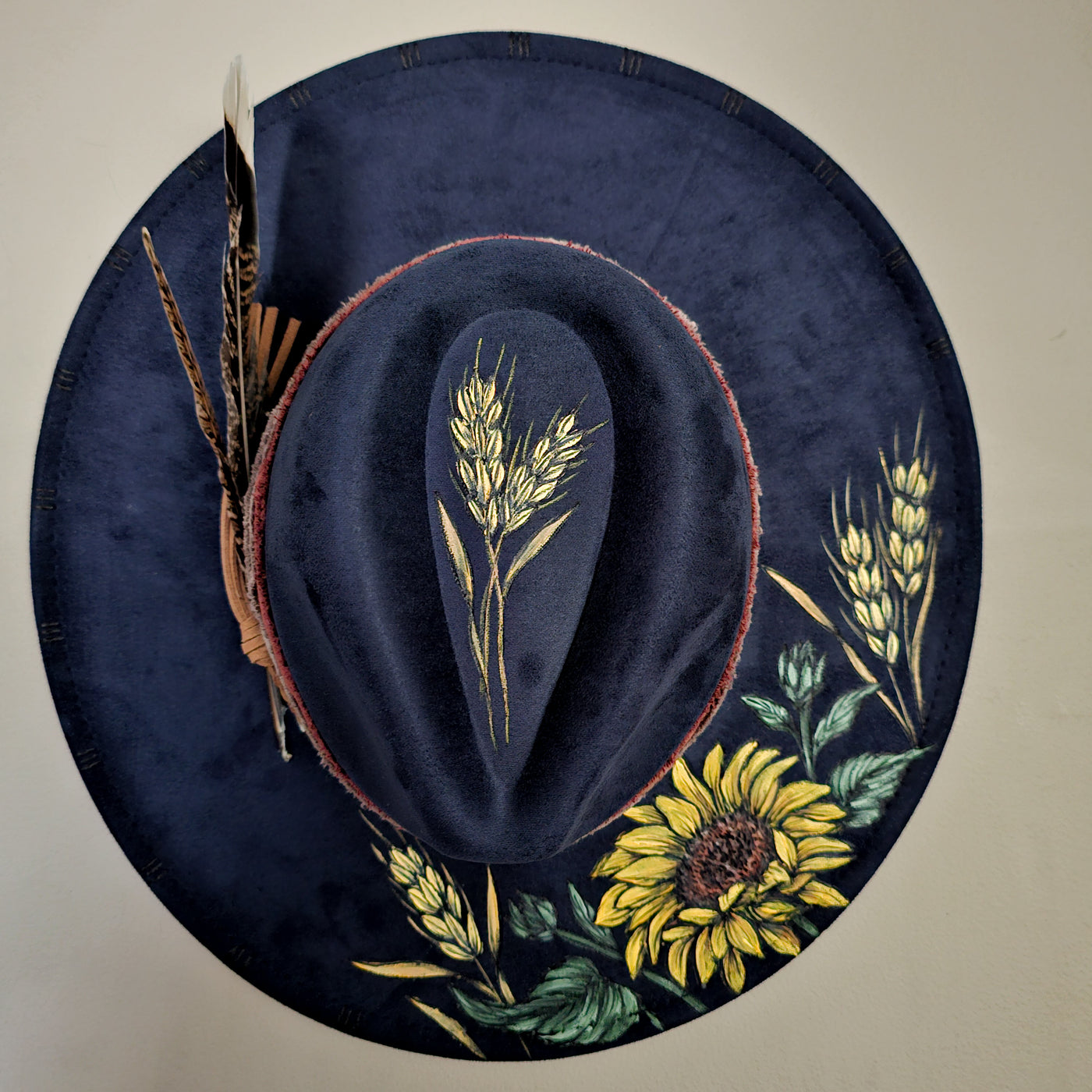 Evening Sunflower || Dark Navy Burned & Painted Wide Brim Hat